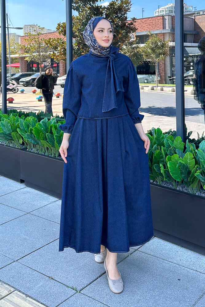 Fiyonklu Denim Etekli Takım - Koyu Mavi - 6