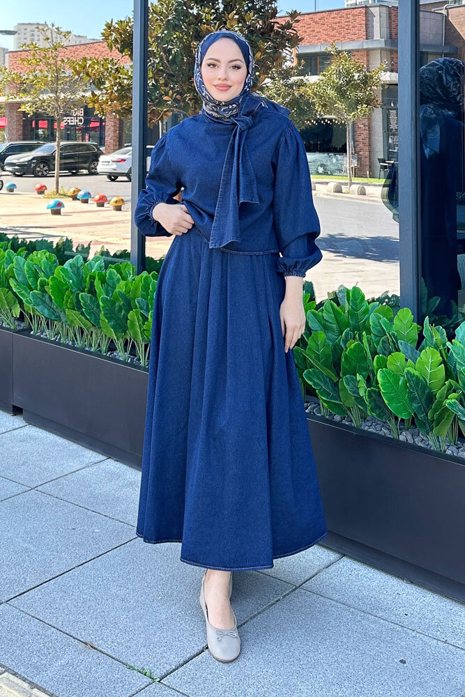 Fiyonklu Denim Etekli Takım - Koyu Mavi - 1