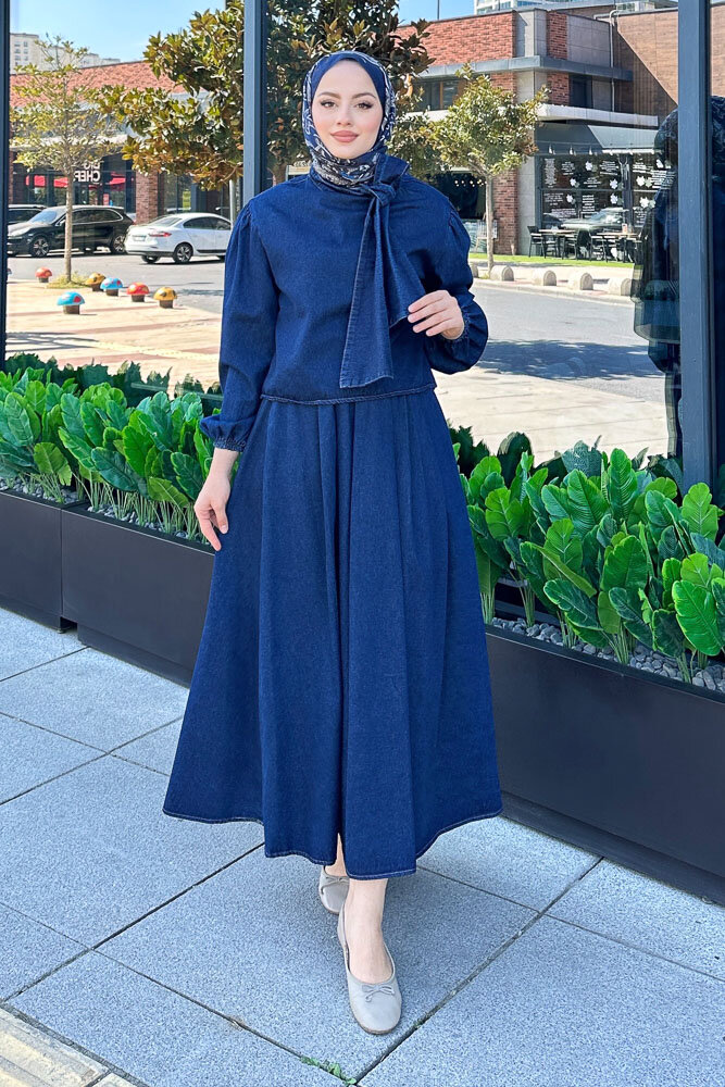 Fiyonklu Denim Etekli Takım - Koyu Mavi - 4