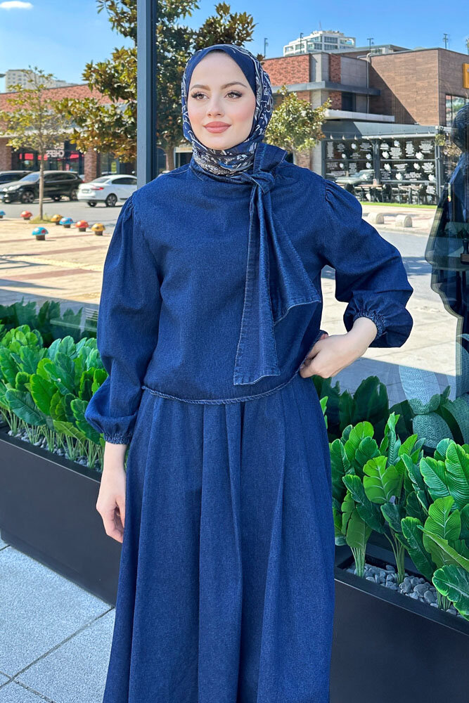 Fiyonklu Denim Etekli Takım - Koyu Mavi - 2