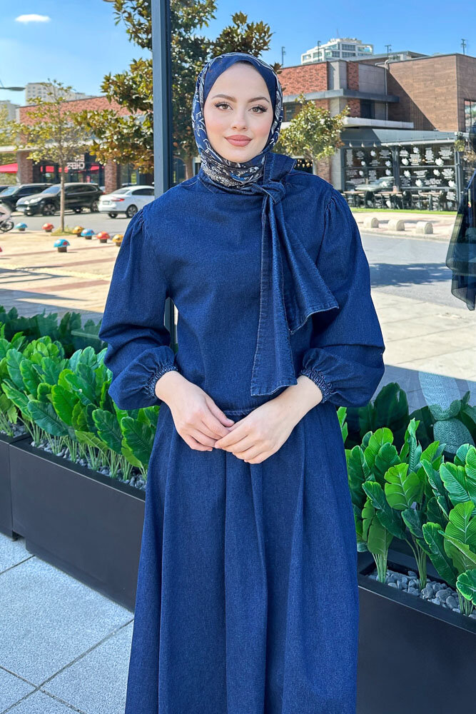 Fiyonklu Denim Etekli Takım - Koyu Mavi - 7
