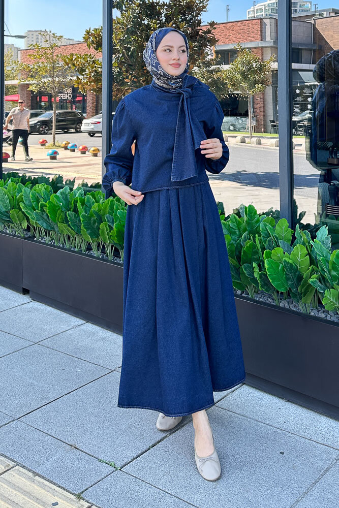 Fiyonklu Denim Etekli Takım - Koyu Mavi - 3