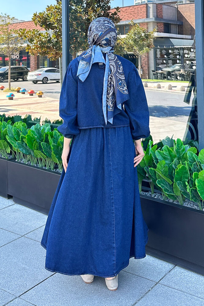 Fiyonklu Denim Etekli Takım - Koyu Mavi - 8