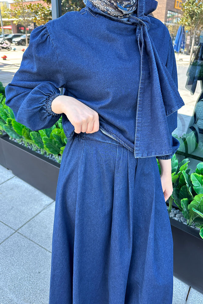 Fiyonklu Denim Etekli Takım - Koyu Mavi - 5
