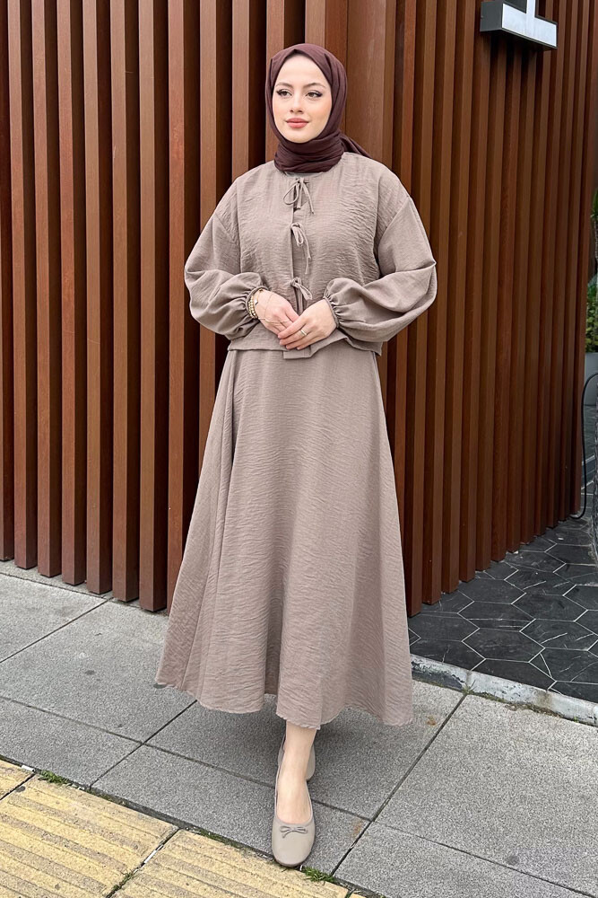 Fiyonklu Keten Etek Takım - Kahverengi - 4