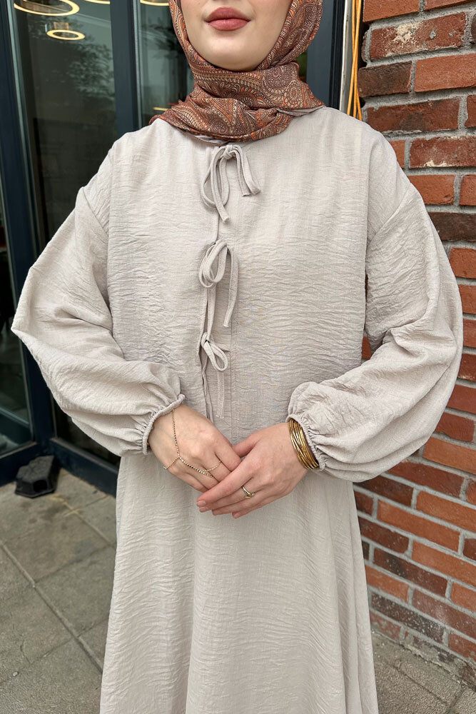 Fiyonklu Keten Etek Takım - Taş Rengi - 4