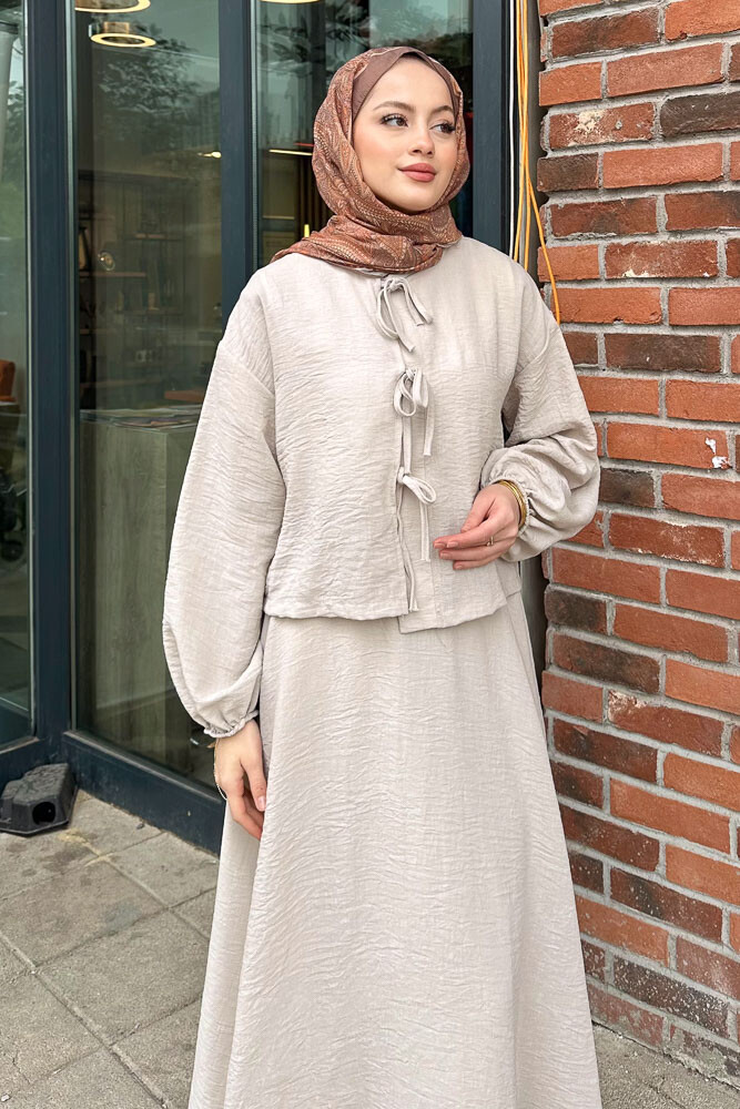 Fiyonklu Keten Etek Takım - Taş Rengi - 5