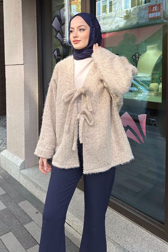Fiyonklu Peluş Ceket - Bej - 2