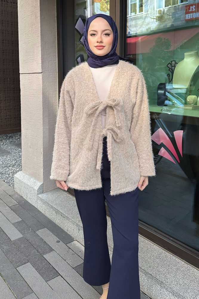 Fiyonklu Peluş Ceket - Bej - 1