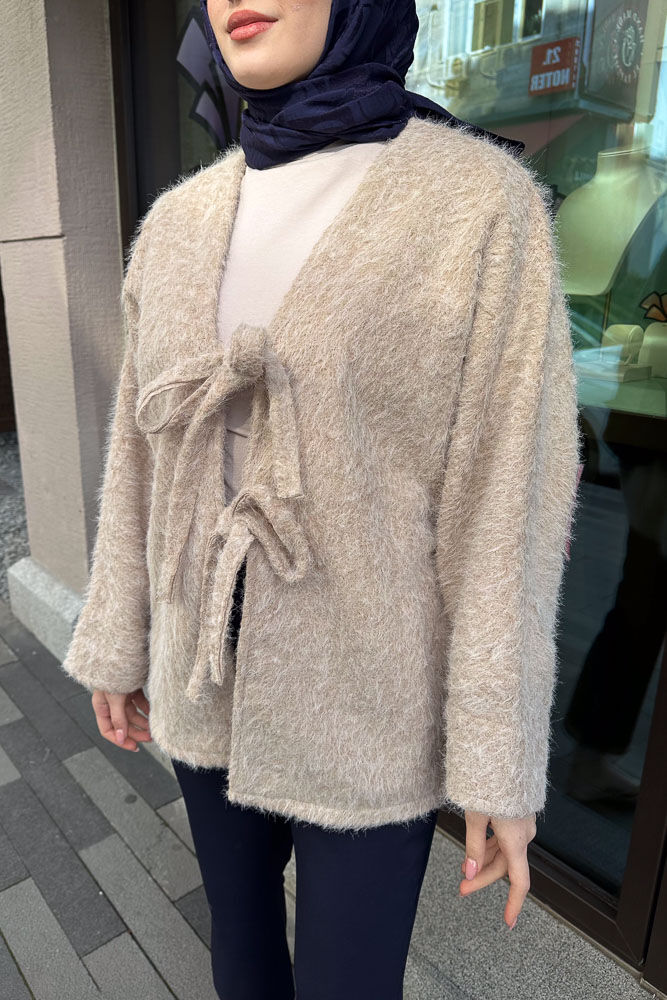 Fiyonklu Peluş Ceket - Bej - 6