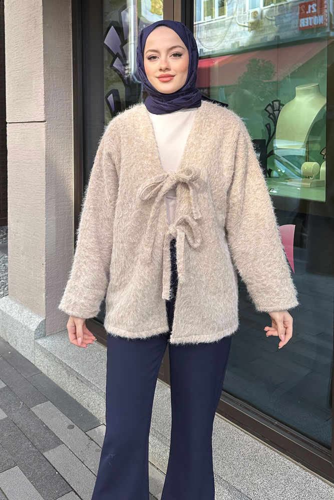 Fiyonklu Peluş Ceket - Bej - 5