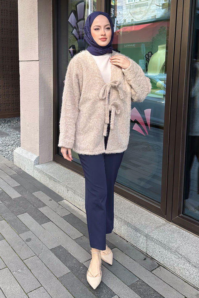 Fiyonklu Peluş Ceket - Bej - 4