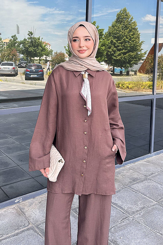 Flar Detaylı Pantolon Takım - Kahverengi - PUANE (1)