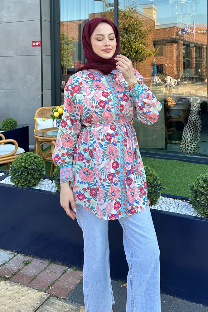 Floransa Çiçekli Gömlek - Mavi - 3