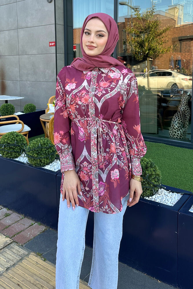 Floransa Çiçekli Gömlek - Mürdüm - 1