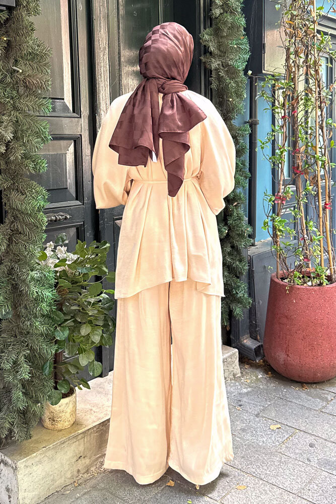 Floş Yakası Bağlamalı Takım - Bej - 8