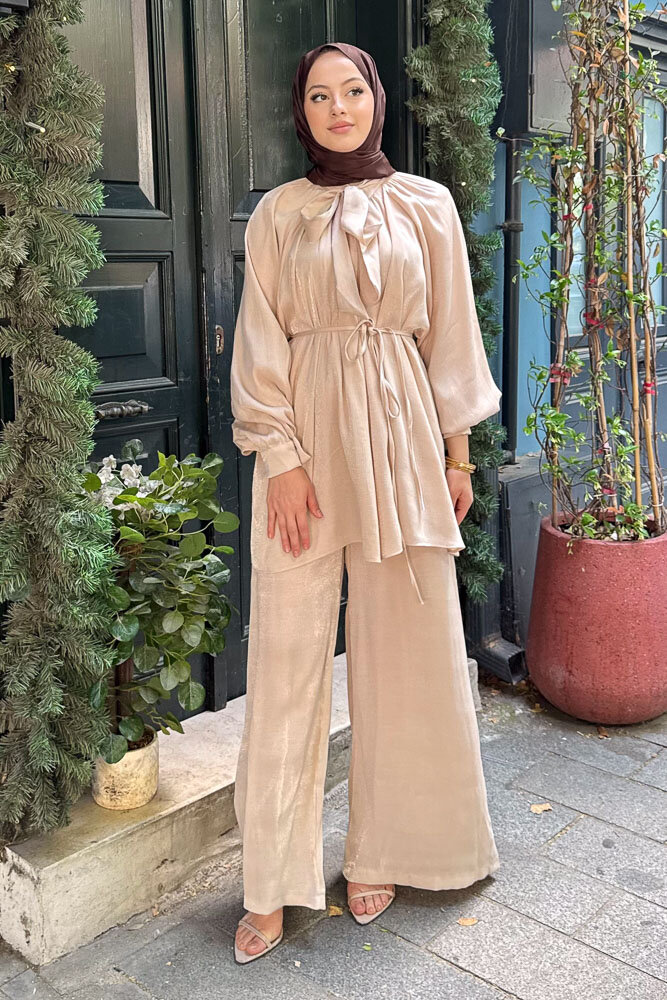 Floş Yakası Bağlamalı Takım - Bej - 5