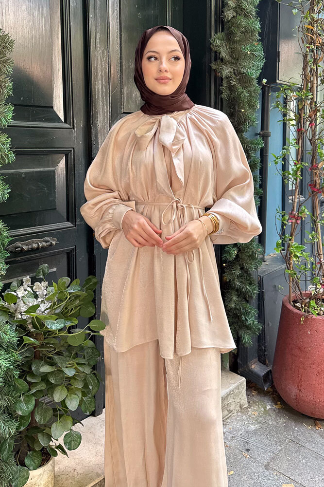 Floş Yakası Bağlamalı Takım - Bej - 2