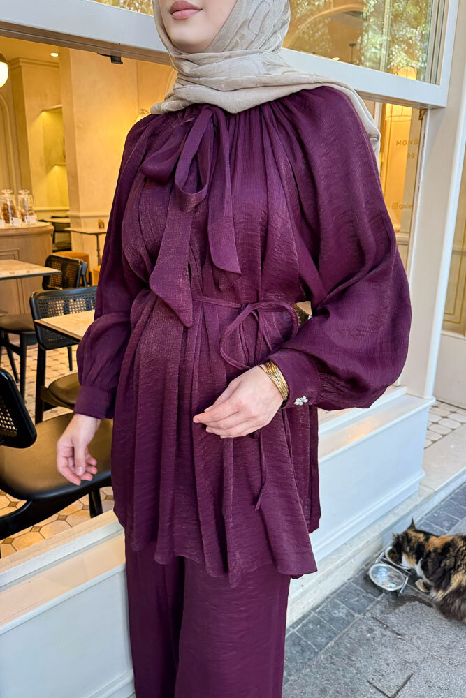 Floş Yakası Bağlamalı Takım - Bordo - 6
