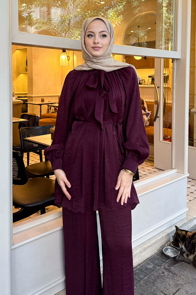 Floş Yakası Bağlamalı Takım - Bordo - 7