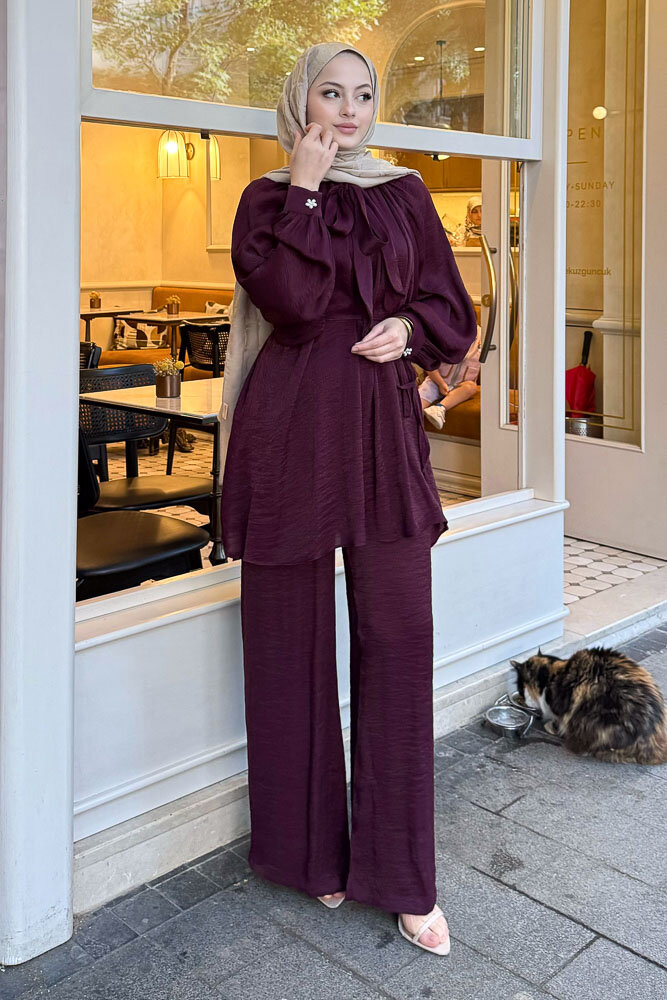 Floş Yakası Bağlamalı Takım - Bordo - 2