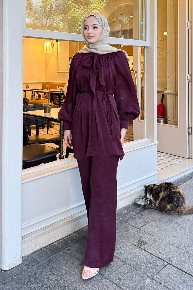 Floş Yakası Bağlamalı Takım - Bordo - 3