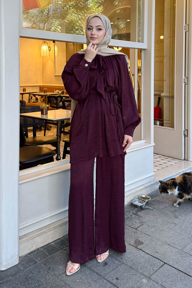 Floş Yakası Bağlamalı Takım - Bordo - 1