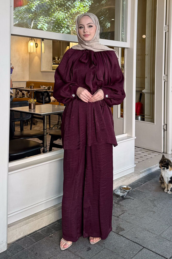 Floş Yakası Bağlamalı Takım - Bordo - 5