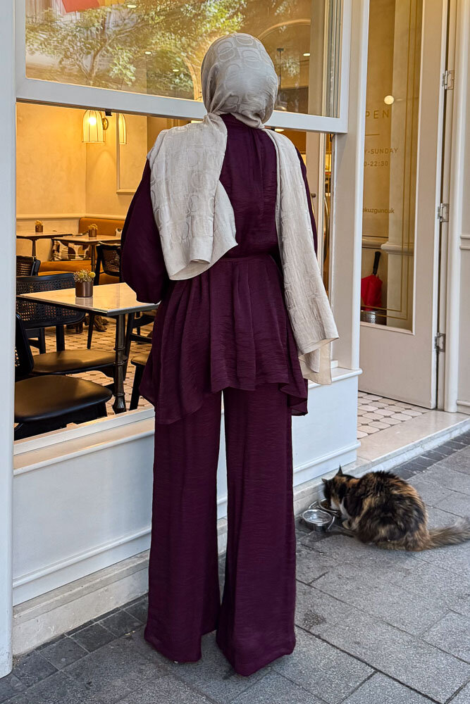 Floş Yakası Bağlamalı Takım - Bordo - 8