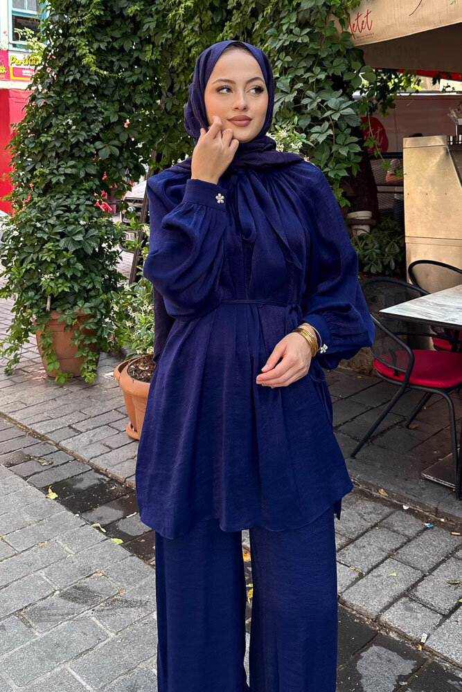 Floş Yakası Bağlamalı Takım - Saks Mavisi - 2