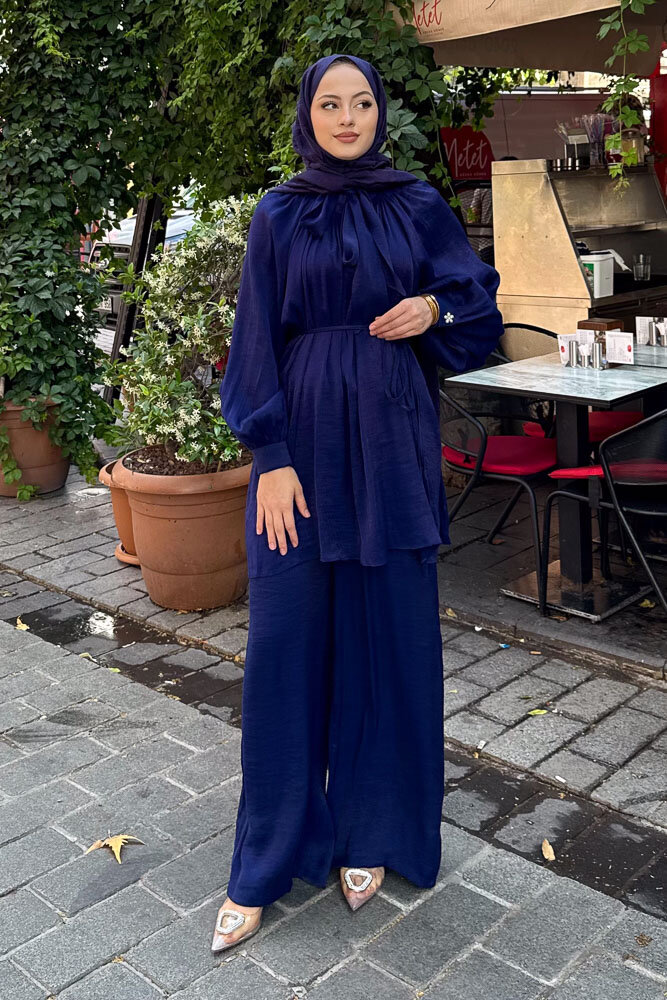 Floş Yakası Bağlamalı Takım - Saks Mavisi - 3