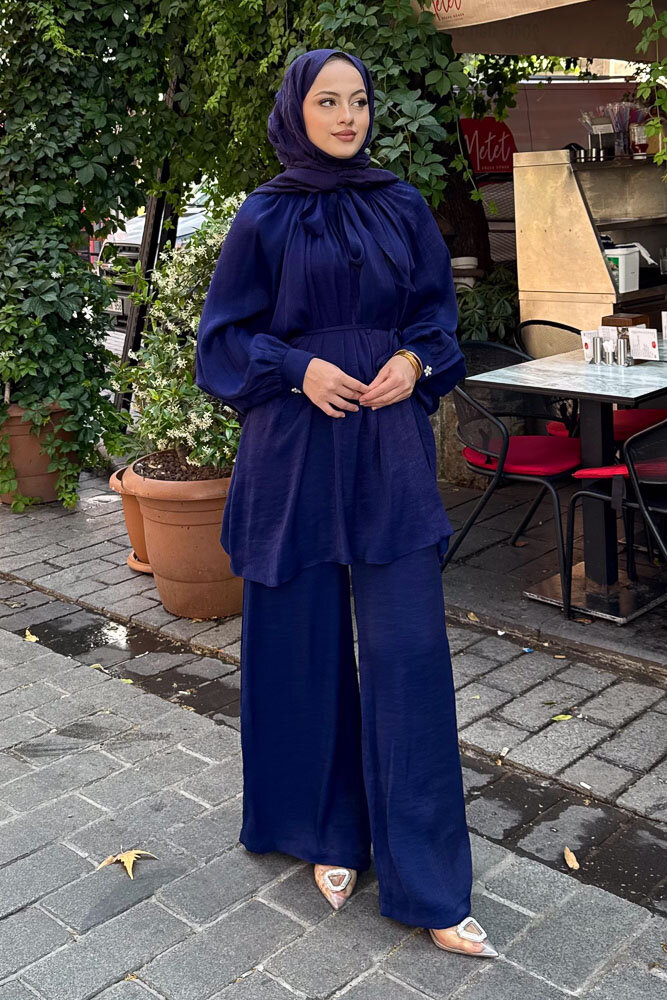 Floş Yakası Bağlamalı Takım - Saks Mavisi - 7