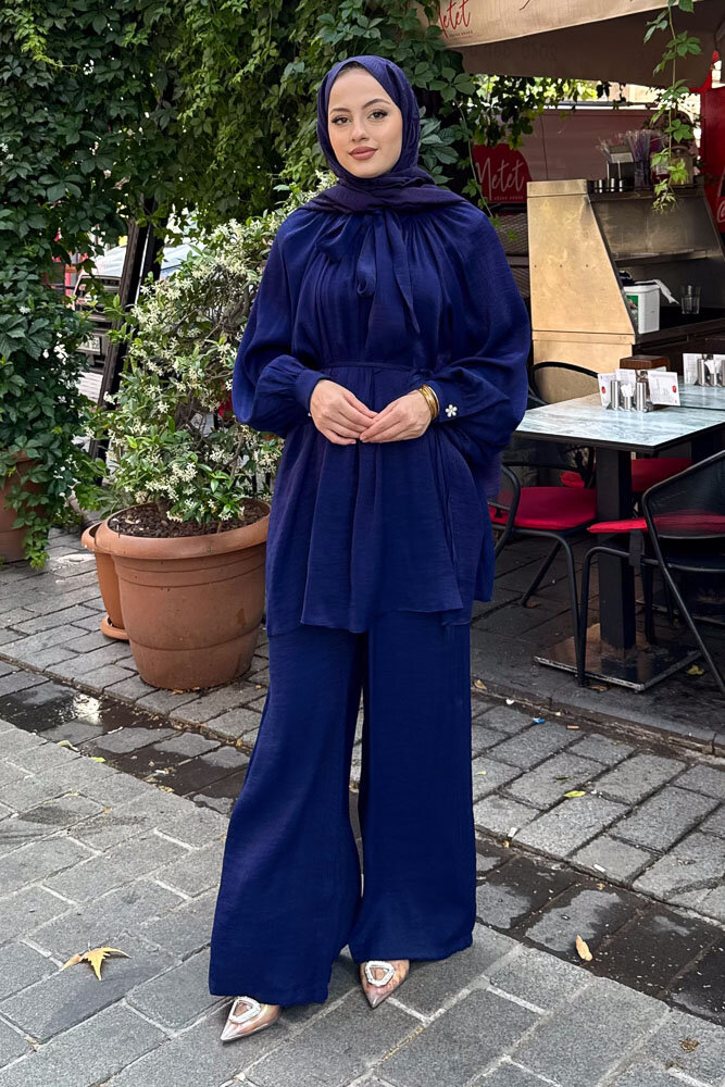 Floş Yakası Bağlamalı Takım - Saks Mavisi - 1