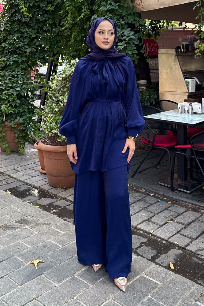 Floş Yakası Bağlamalı Takım - Saks Mavisi - 4