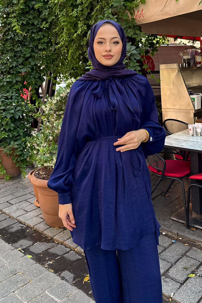 Floş Yakası Bağlamalı Takım - Saks Mavisi - 5