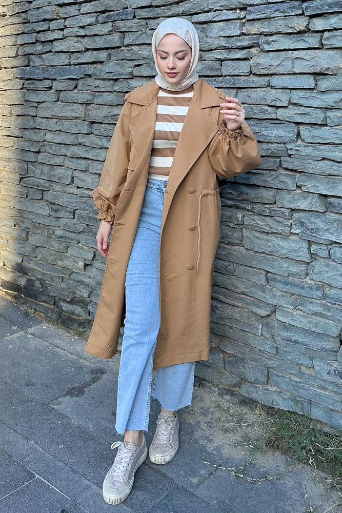 Frau Bel Büzgülü Trençkot - Camel - HENZA (5)