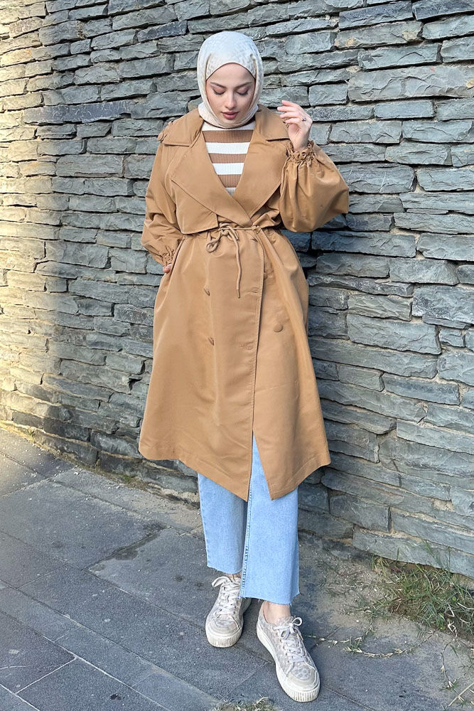 Frau Bel Büzgülü Trençkot - Camel - HENZA (2)