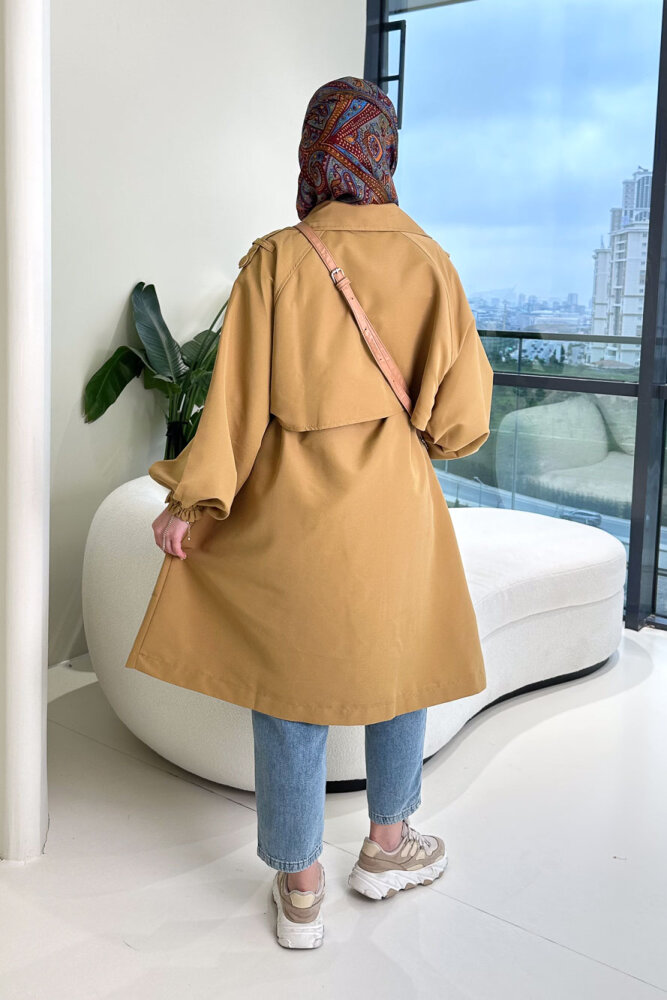 Frau Bel Büzgülü Trençkot - Camel - 6
