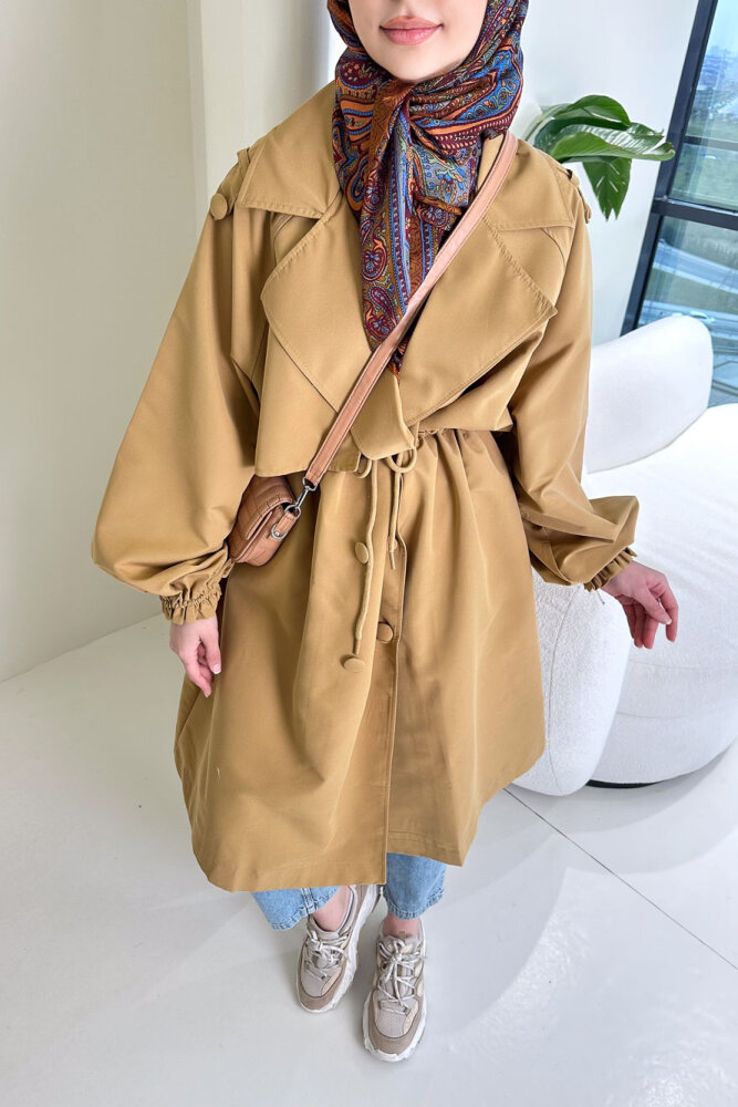 Frau Bel Büzgülü Trençkot - Camel - HENZA (2)