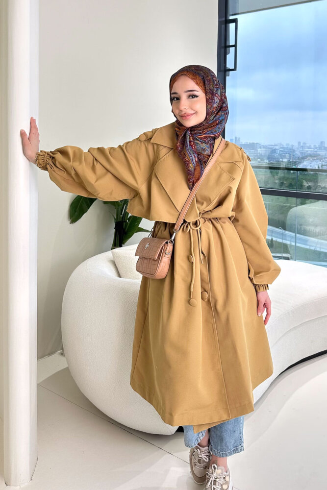 Frau Bel Büzgülü Trençkot - Camel - 5