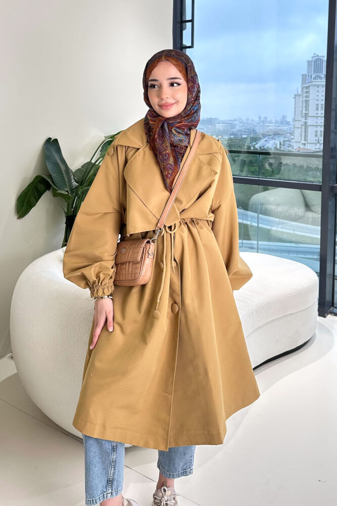 Frau Bel Büzgülü Trençkot - Camel - HENZA (1)