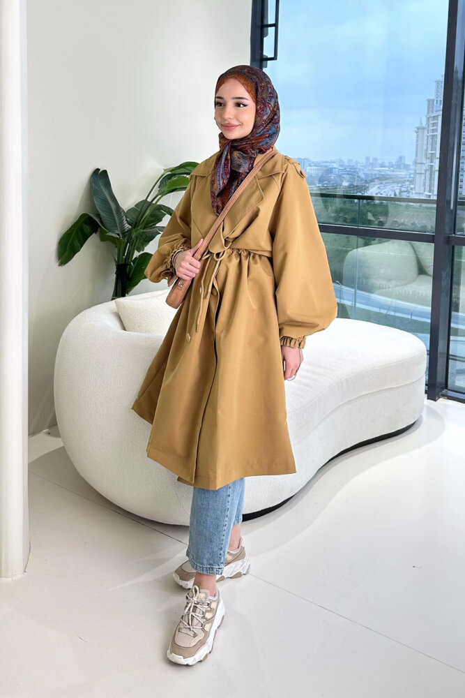 Frau Bel Büzgülü Trençkot - Camel - HENZA (3)