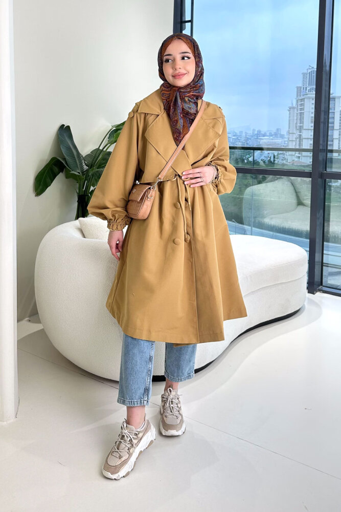 Frau Bel Büzgülü Trençkot - Camel - 7