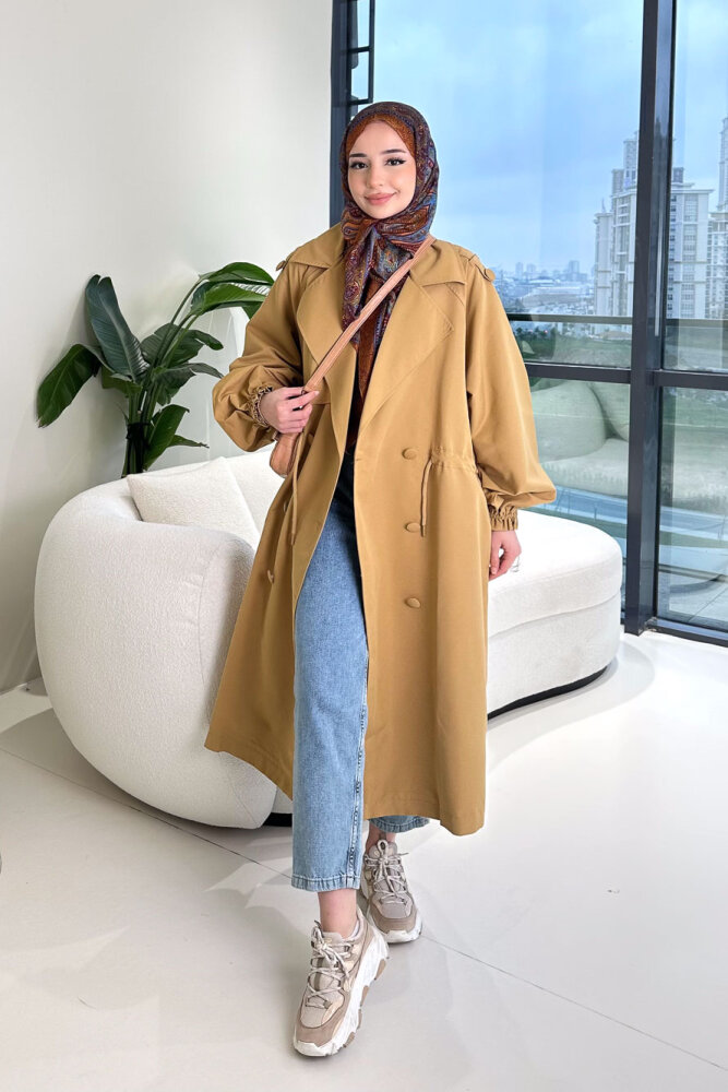 Frau Bel Büzgülü Trençkot - Camel - 8