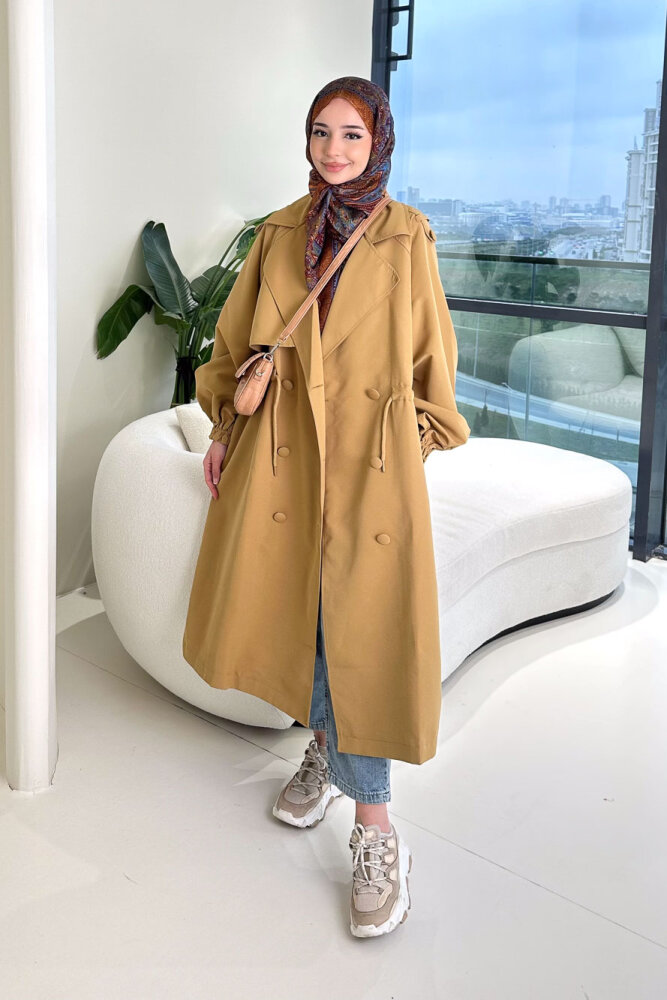 Frau Bel Büzgülü Trençkot - Camel - 1
