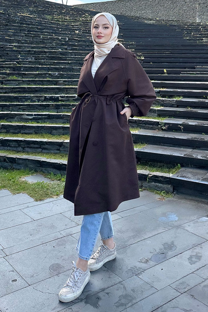 Frau Bel Büzgülü Trençkot - Kahverengi - HENZA (4)