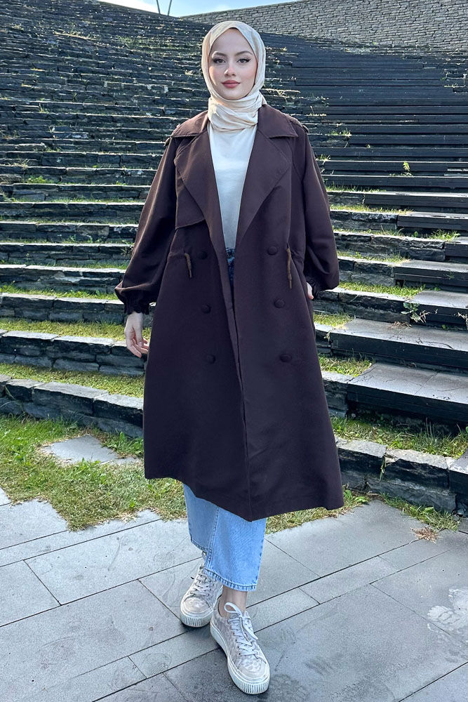 Frau Bel Büzgülü Trençkot - Kahverengi - HENZA (3)