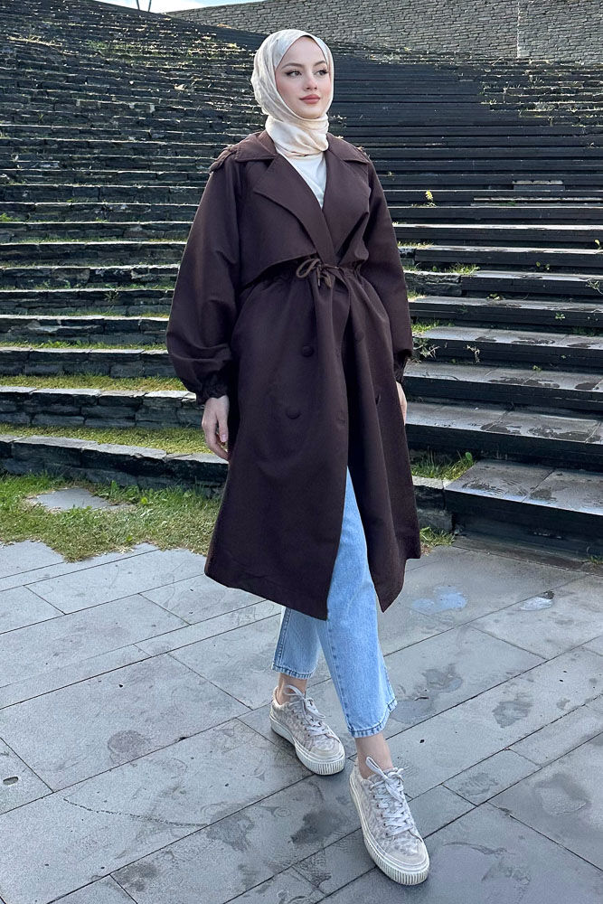 Frau Bel Büzgülü Trençkot - Kahverengi - HENZA (2)