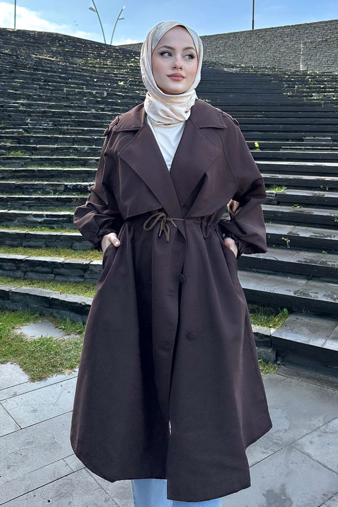 Frau Bel Büzgülü Trençkot - Kahverengi - HENZA (1)