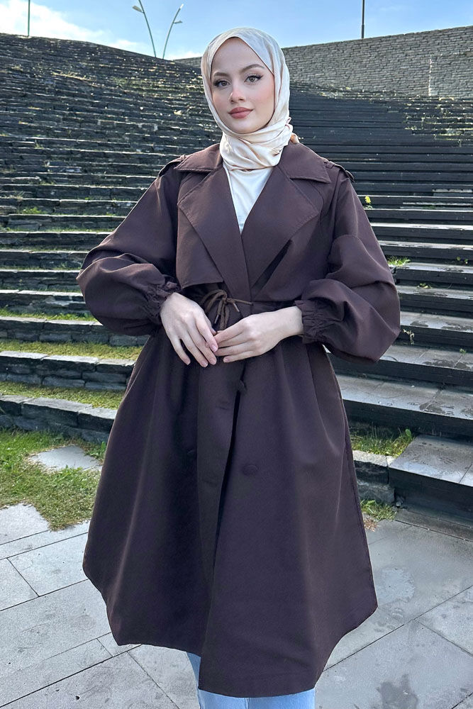 Frau Bel Büzgülü Trençkot - Kahverengi - HENZA (5)